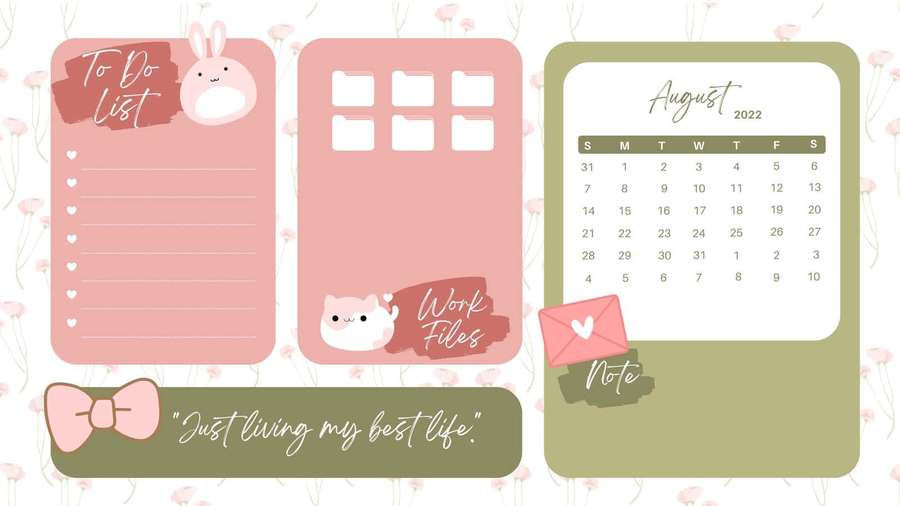 Diseño de planificador digital con archivos de trabajo de lista de tareas y calendario de agosto de 2022 con lindos íconos de conejito y gato. — Calendario Fondos de pantalla