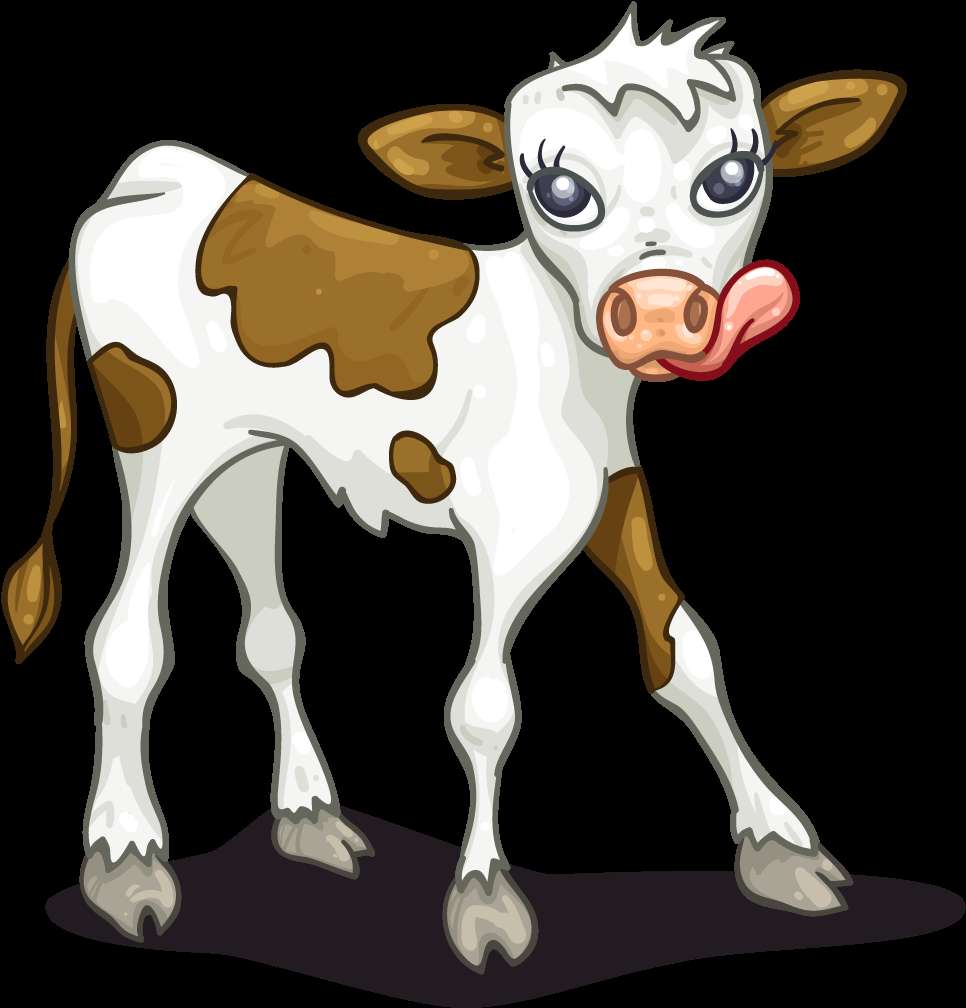 A cartoon calf with big eyes licking its nose against a black background. — Calf PNG