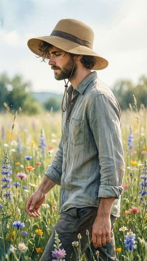 Elio walking through wildflowers in a sun hat, dreamy scene — Call Me By Your Name Wallpaper
