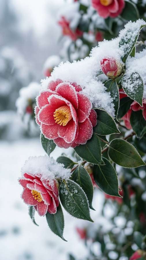 Camellia sasanqua branch in snow, winter scene. — Camellia sasanqua Background