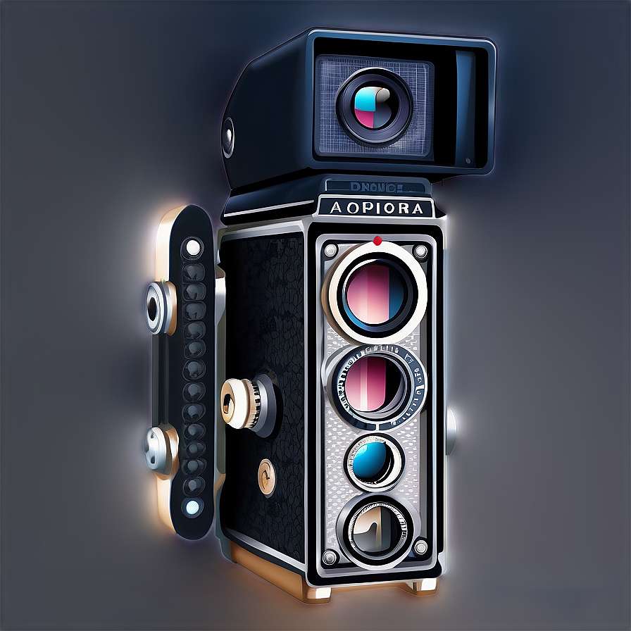 Futuristic camera with glowing lenses and metallic finish against dark background — Camera Vector PNG