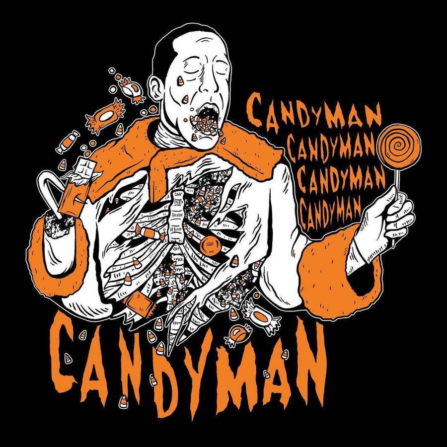 Eine cartoonartige Horrorfigur, aus deren Körper und Mund Süßigkeiten hervorschießen. — Candyman Bilder
