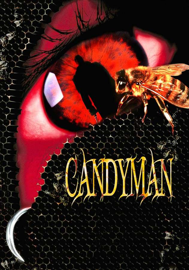 A horror movie poster featuring a red eye with a bee and shadowy figure, set on a honeycomb background. — Candyman Picture