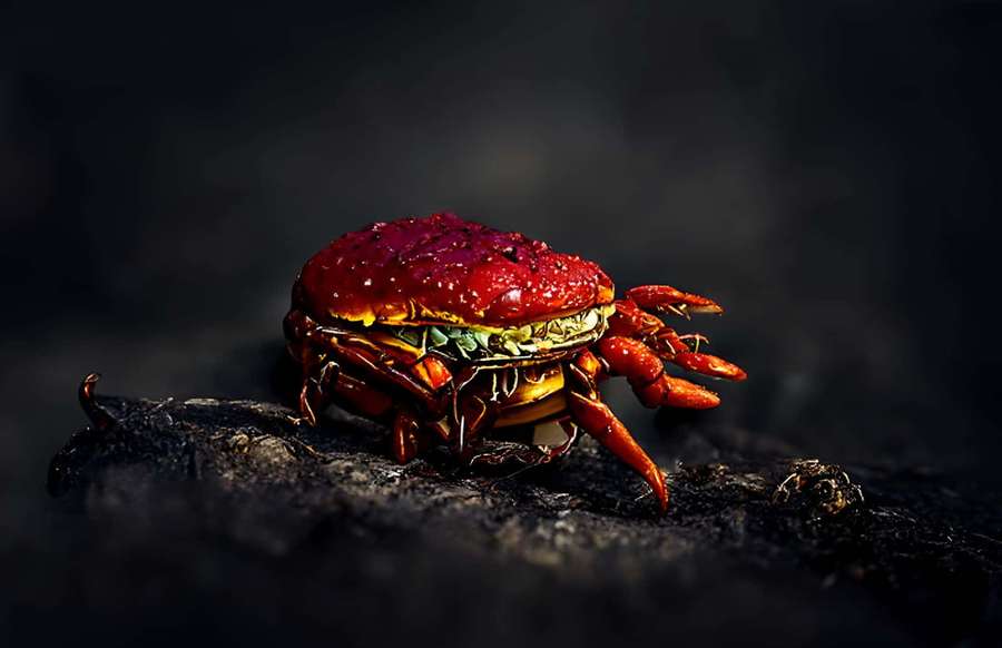 Un cangrejo rojo con caparazón brillante sobre roca oscura bajo iluminación dramática. — Cangrejo Rojo Fondos de pantalla