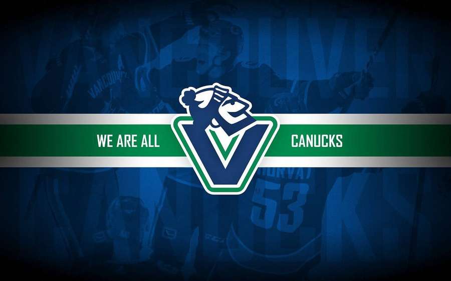 Vancouver Canucks team logo with slogan we are all canucks on blue background. — Canucks Background