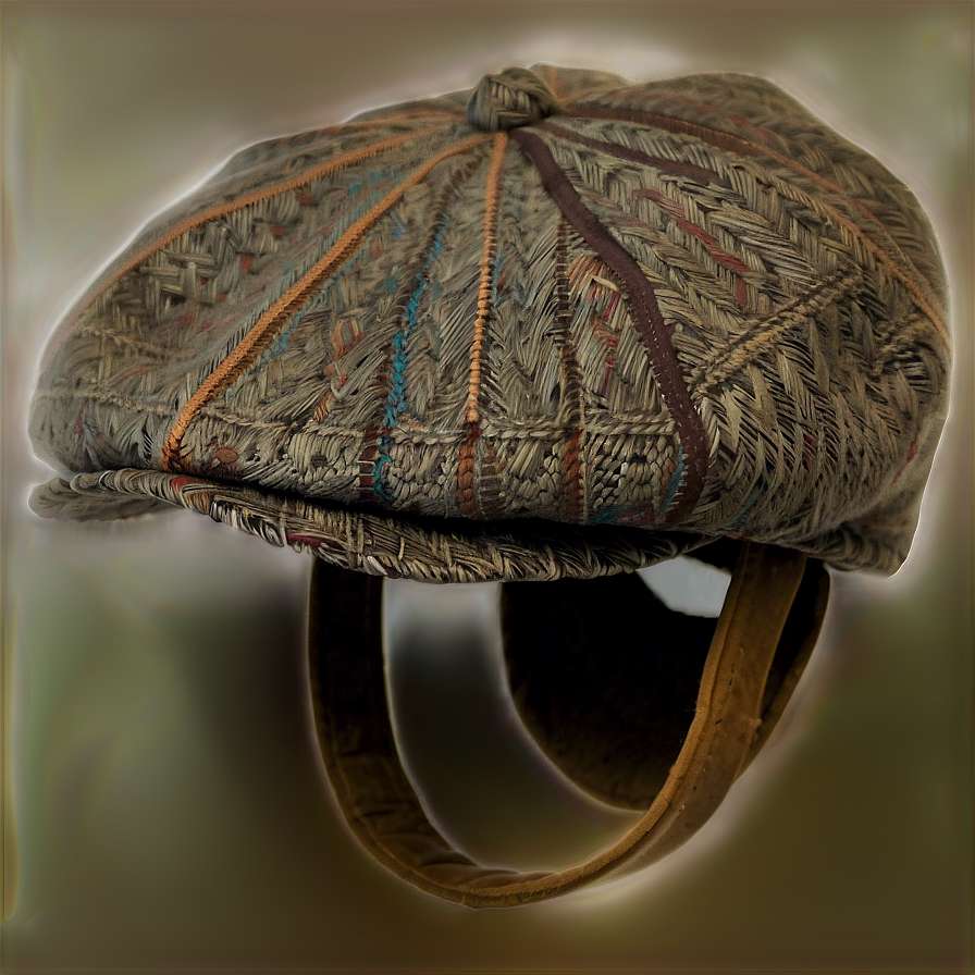 Vintage woven flat cap with colorful stitching hanging against a blurred background. — Cap PNG