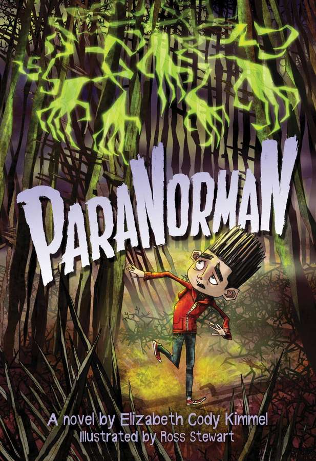 Um menino correndo por uma floresta escura com fantasmas verdes brilhantes acima dele. — Capa do livro Papéis de Parede