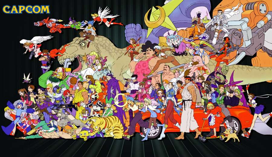 Capcom video game characters in anime style gathered around a dinosaur and car. — Capcom Wallpaper