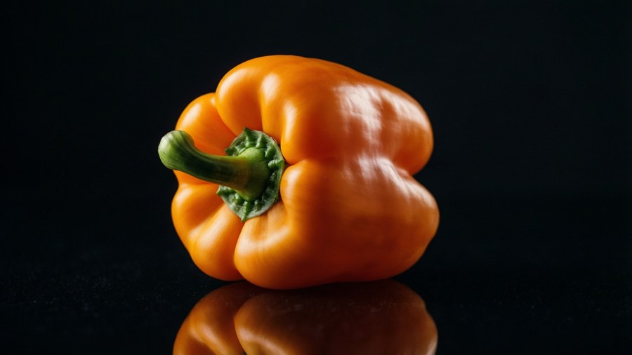 Minimalist and dramatic shot of an orange bell pepper on black glass with side lighting. — Capsicum Background