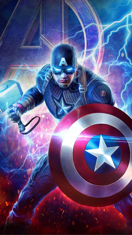 Captain America hält Thors Hammer und Schild mit Blitzeffekten. — Captain America Shield Bilder