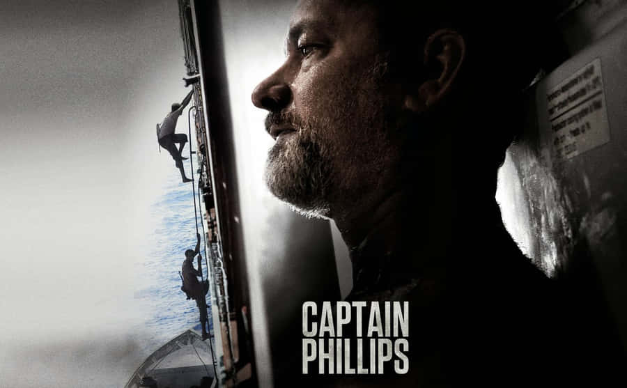 Seorang pria melihat keluar jendela kapal saat figur memanjat sisinya dalam badai. — Captain Phillips Wallpaper
