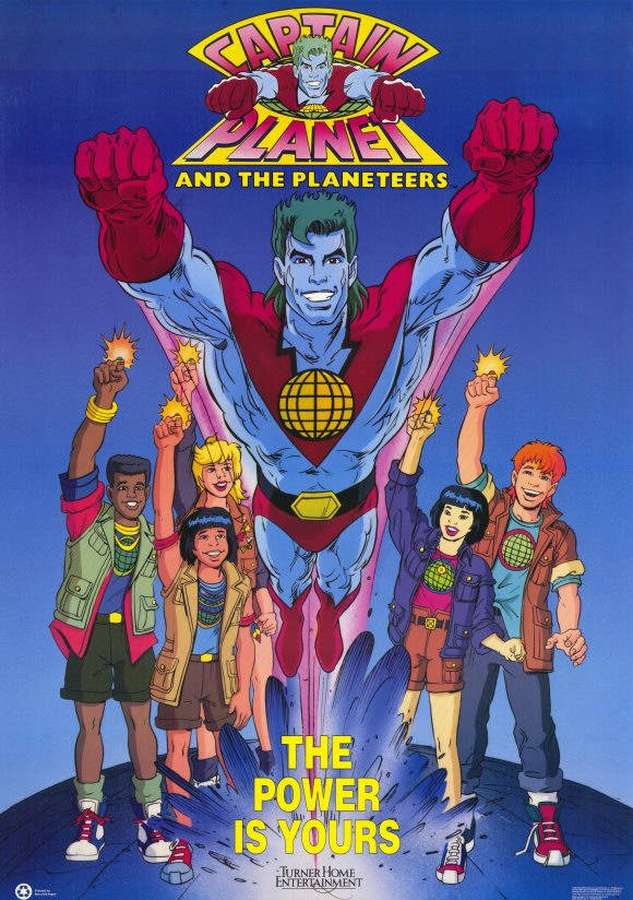 Captain Planet und die Planeteers halten glühende Kräfte mit erhobenen Fäusten. — Captain Planet Bilder
