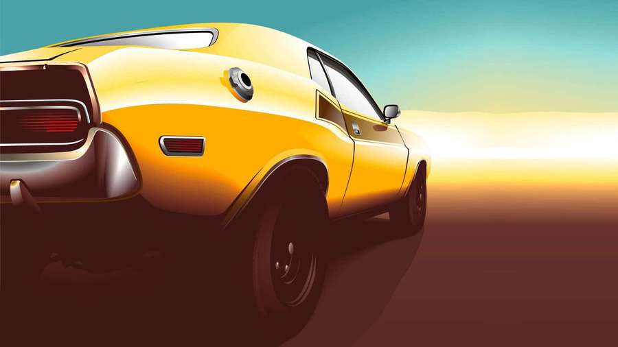 Yellow classic muscle car speeding across desert at sunset. — Car Design Wallpaper