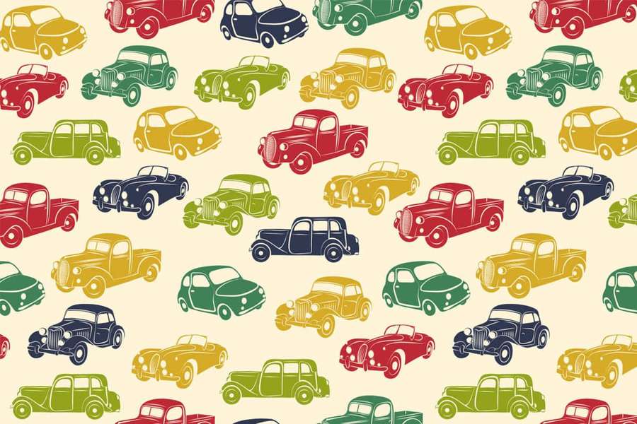 Retro pattern of vintage cars in red green yellow and navy on cream background. — Car Pattern Wallpaper