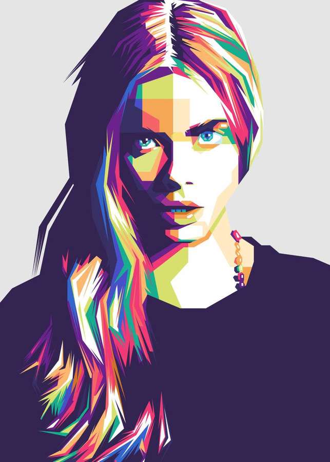 Lebendiges geometrisches Porträt einer Frau mit Regenbogenhaar und kräftigen Farbblöcken. — Cara Bilder