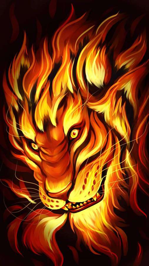 Un león ardiente con ojos brillantes y llamas en la melena sobre un fondo oscuro. — Cara de León Fondos de pantalla