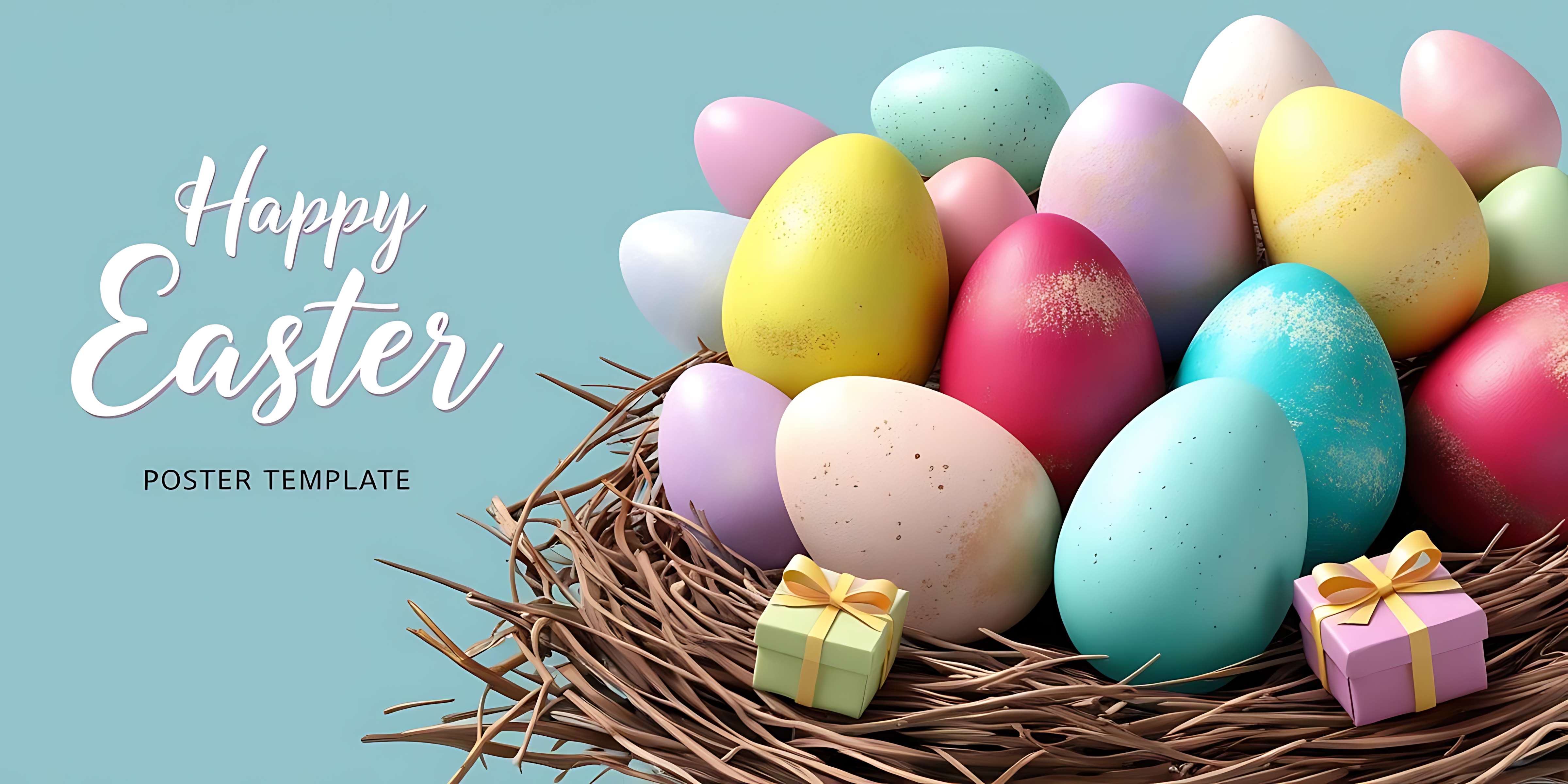 Colorful Easter eggs and gift boxes in a woven nest with 'Happy Easter' text. — Card PNG
