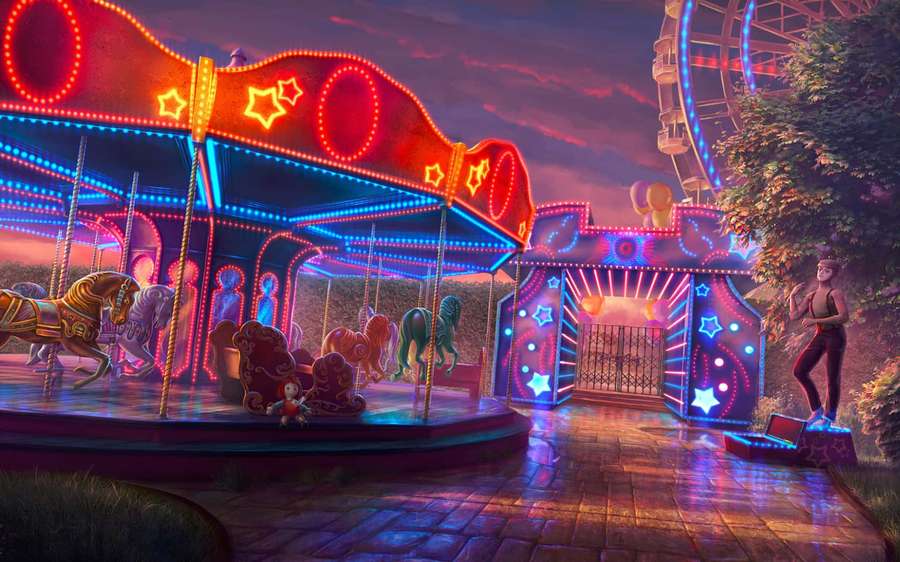 A glowing carnival carousel with neon lights at twilight. — Carnival Background