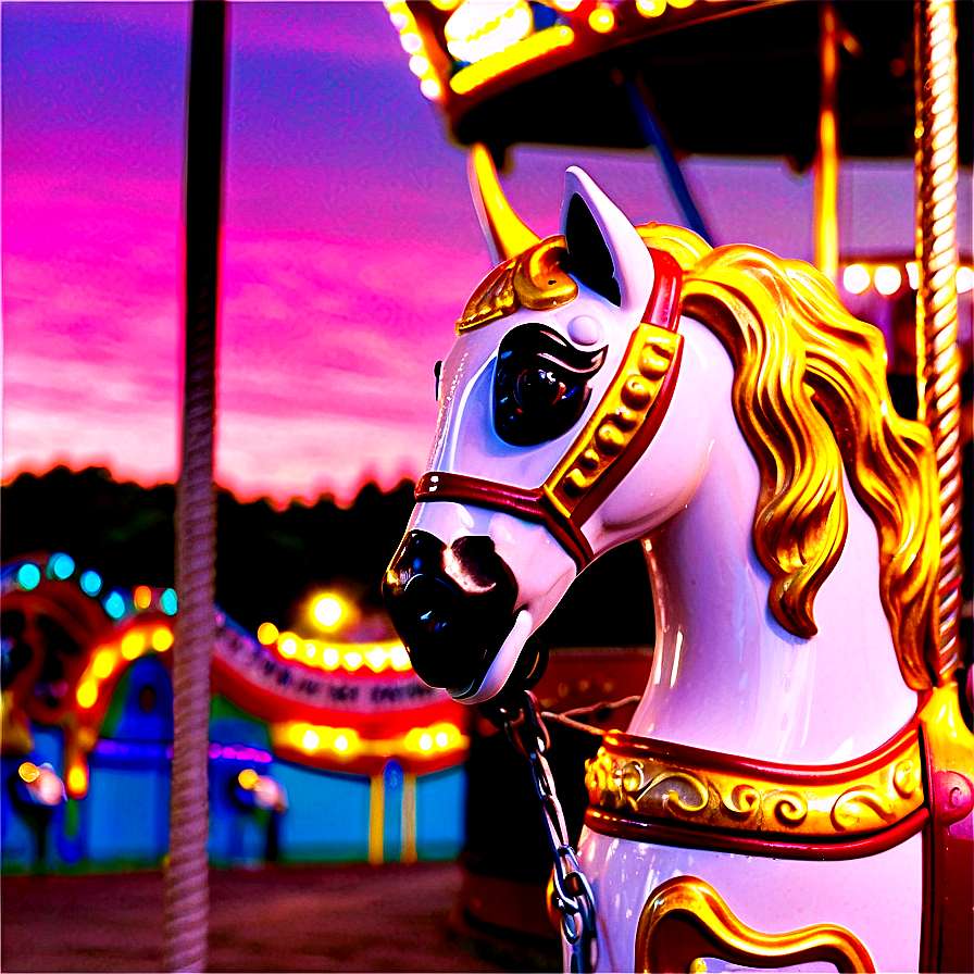 A white carousel horse with golden accents under colorful lights at dusk. — Carousel Picture