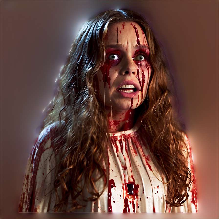 A bloodied woman with wide eyes and a terrified expression. — Carrie Background