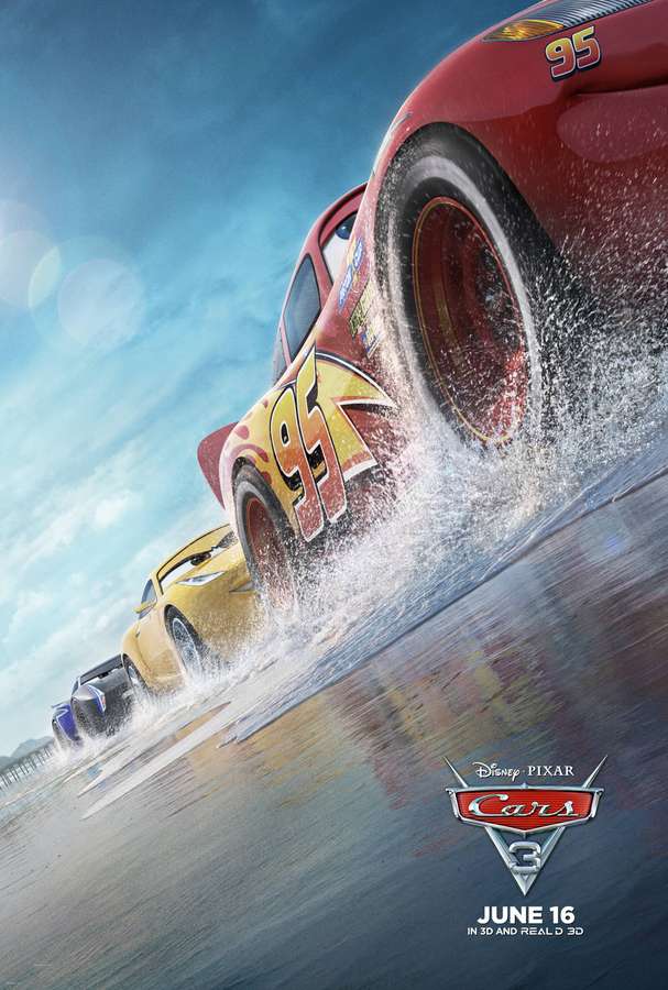 Animated race cars speeding through water on a track under a sunny sky. — Cars 3 Wallpaper