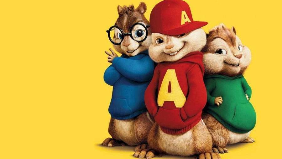 Three smiling chipmunks in sweaters and a cap on a yellow background. — Cartoons Wallpaper