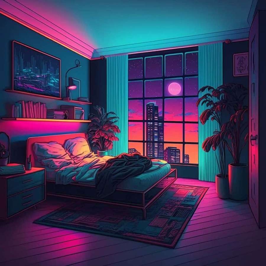 Dormitorio iluminado con neón con cama, plantas y vista de la ciudad por la noche bajo luna rosa. — Casa de Neón Fondos de pantalla