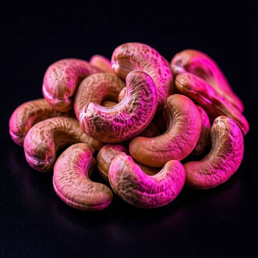 Cashews illuminated with neon pink light on black. — Cashew Wallpaper