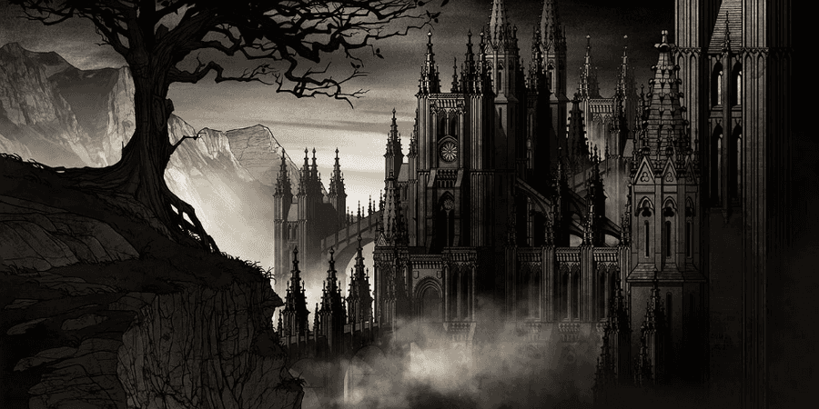 Catedral gótica en la niebla con árbol retorcido y montañas al fondo — Castillo Oscuro Fondos de pantalla