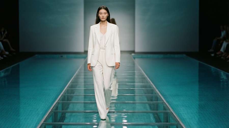Model in white on glass runway over water, serene and elegant — Catwalk Wallpaper