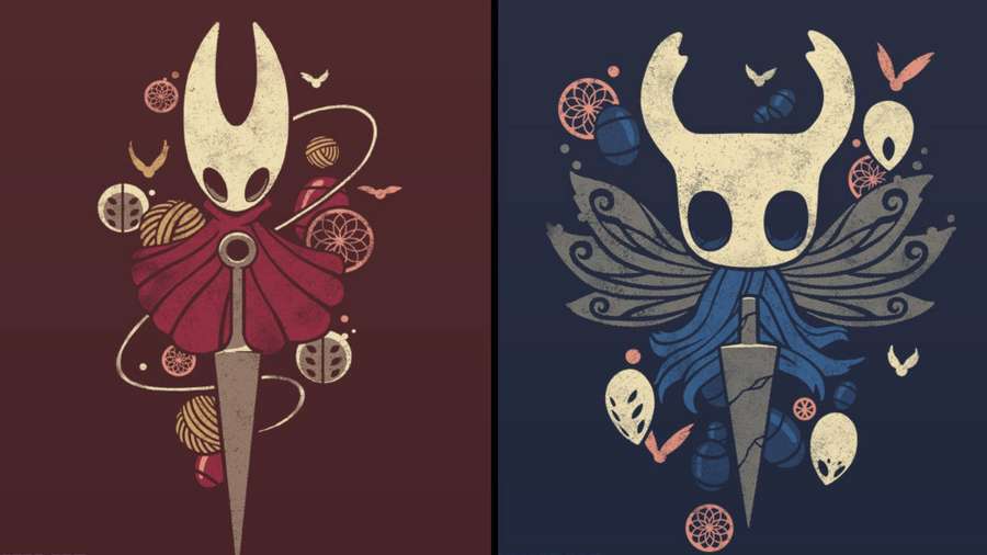 Dois personagens de Hollow Knight com asas e espadas cercados por crânios e padrões. — Cavaleiro Oco Papéis de Parede