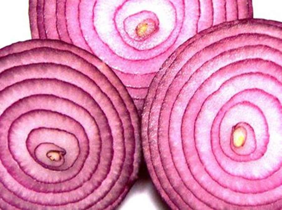 Tres cebollas rojas en rodajas que muestran anillos en capas y centros pálidos. — Cebolla Roja Fondos de pantalla
