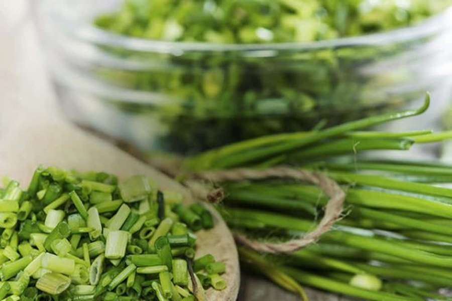Cebolletas verdes frescas picadas y enteras en cuchara de madera y cuenco de vidrio. — Cebollino Fondos de pantalla
