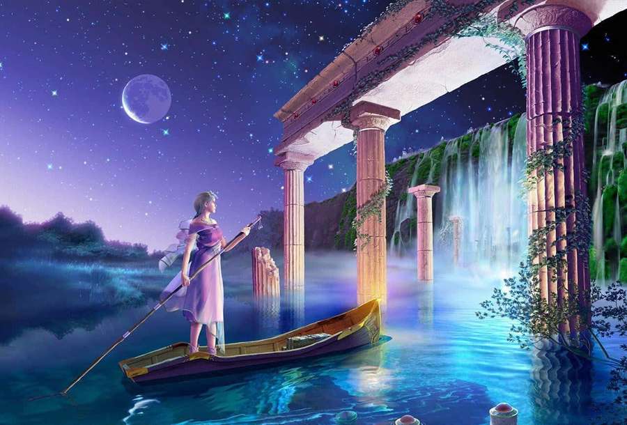 Woman in purple gown rows boat near glowing ruins and waterfalls under starry night sky. — Celestial Background