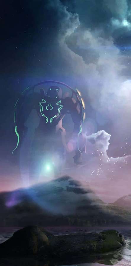 Criatura alienígena brillante flotando sobre montañas brumosas por la noche. — Celestiales Fondos de pantalla