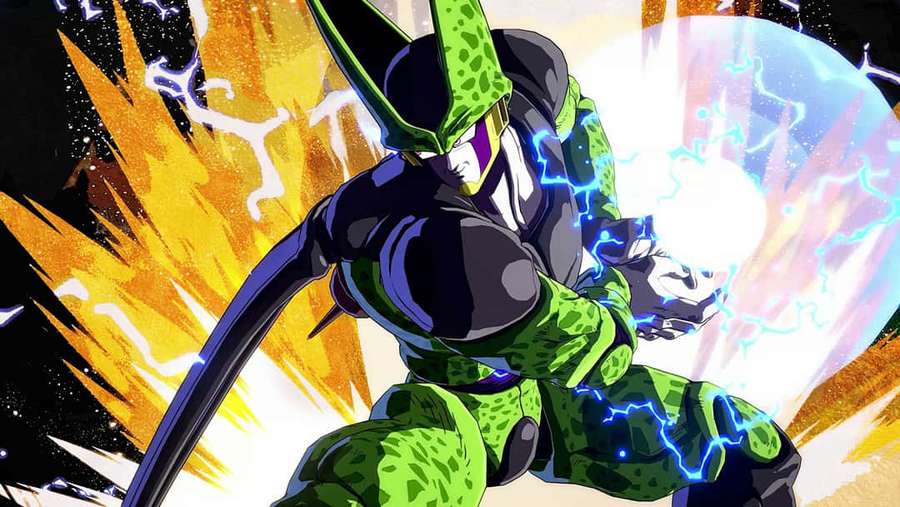 Cell charging energy sphere in anime style with fiery explosion background — Cell Games Wallpaper