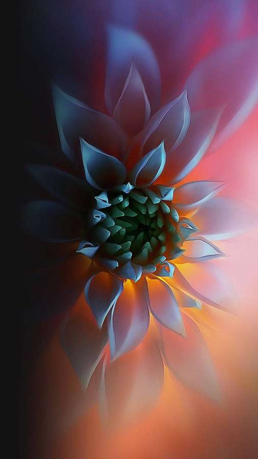 Une fleur abstraite lumineuse aux teintes bleues et oranges sur fond sombre. — Cell Fonds d'écran