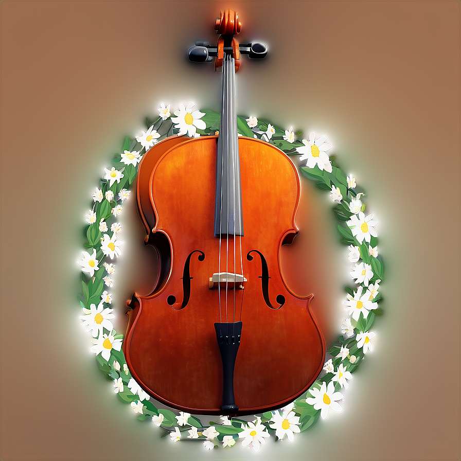 A cello surrounded by a glowing wreath of white daisies and green leaves. — Cello Wallpaper