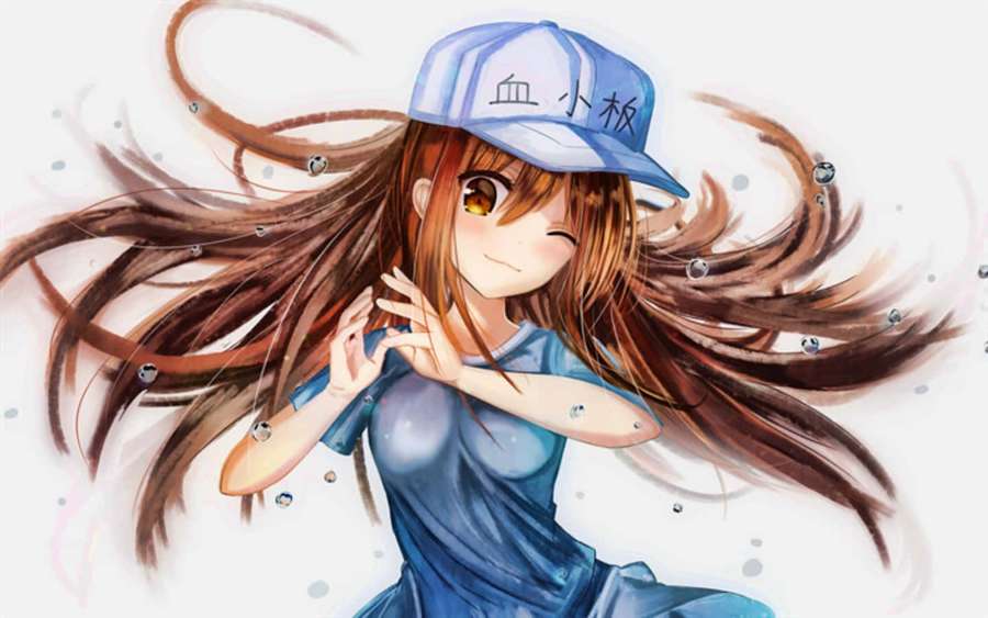 Anime girl in blue cap and dress with flowing hair and water droplets around her. — Cells At Work Platelet Wallpaper