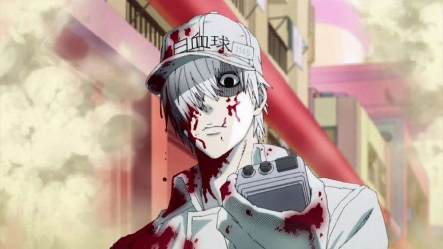 Anime boy with bloodied face and cap holding a device in a city scene. — Cells At Work U-1146 Wallpaper