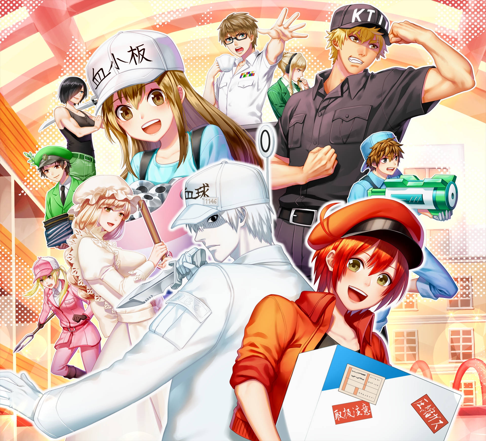 Anime-karaktärer i sportuniformer som poserar energiskt med spelutrustning. — Celler bilder Bakgrundsbilder