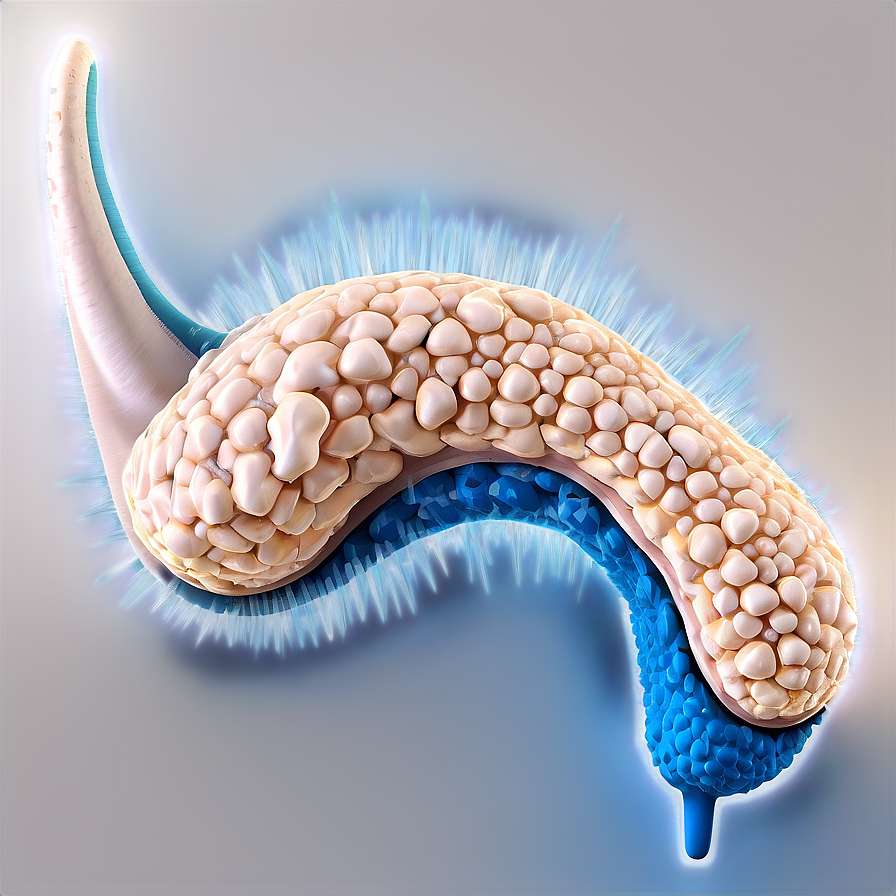 3d rendered medical illustration of a human pancreas with glowing blue ducts. — Cells PNG