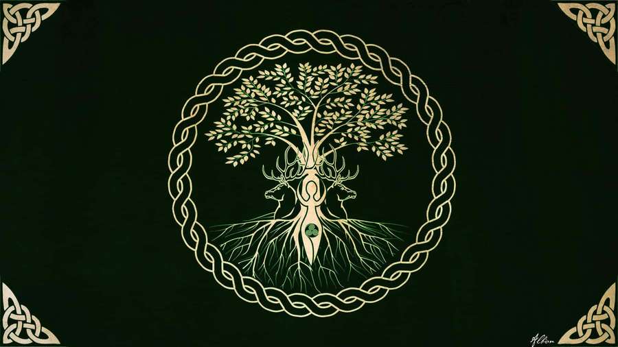 Celtic tree of life with deer and knotwork on dark green background — Celtic Background