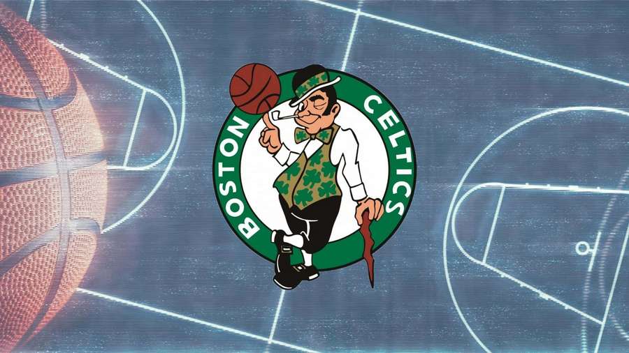 Boston Celtics Logo mit einem Kobold, der einen Basketball auf leuchtenden Spielfeldlinien hält. — Celtics Wallpaper