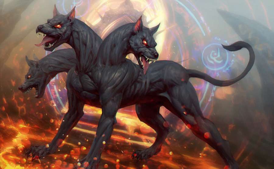 Three-headed black hellhound with glowing red eyes in fiery flames. — Cerberus Background
