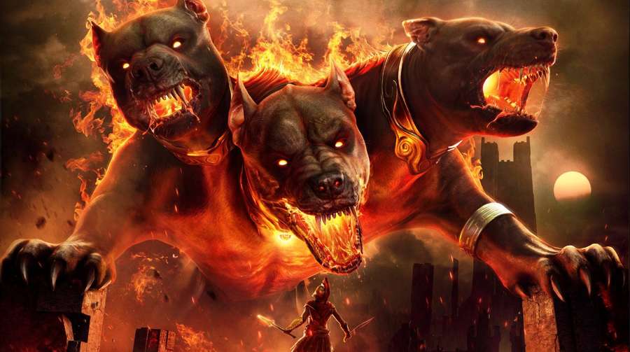Three fiery hellhounds with glowing eyes tower over a warrior in a burning landscape. — Cerberus Wallpaper