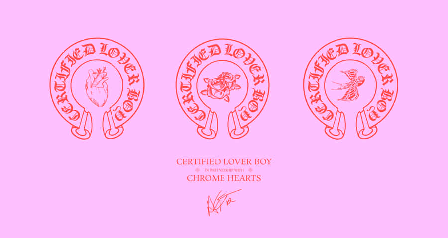 Tre Chrome Hearts-logotyper med hjärta-, ros- och fågelsymboler på rosa bakgrund. — Certifierad Bakgrundsbilder