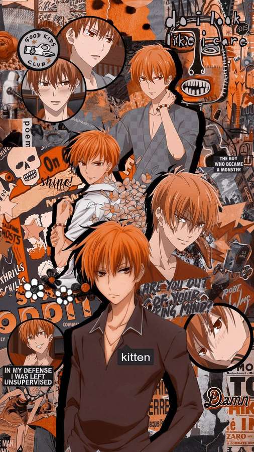 Colagem de personagem de anime com cabelo laranja e sobreposições de texto em negrito. — Cesta de frutas Papéis de Parede