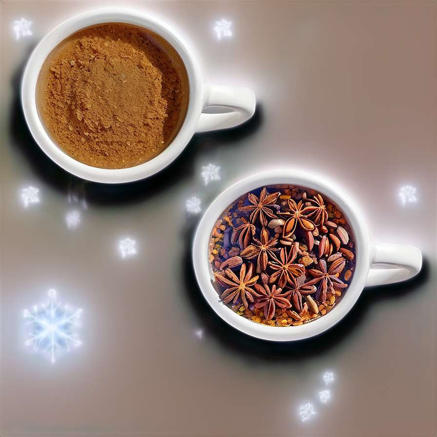 Dos tazas llenas de especias y copos de nieve brillantes flotando a su alrededor — Chai Fondos de pantalla