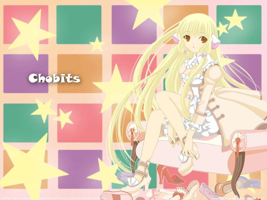 Anime girl with long blonde hair sitting on a chair with colorful stars and squares background. — Chain Chomp Wallpaper